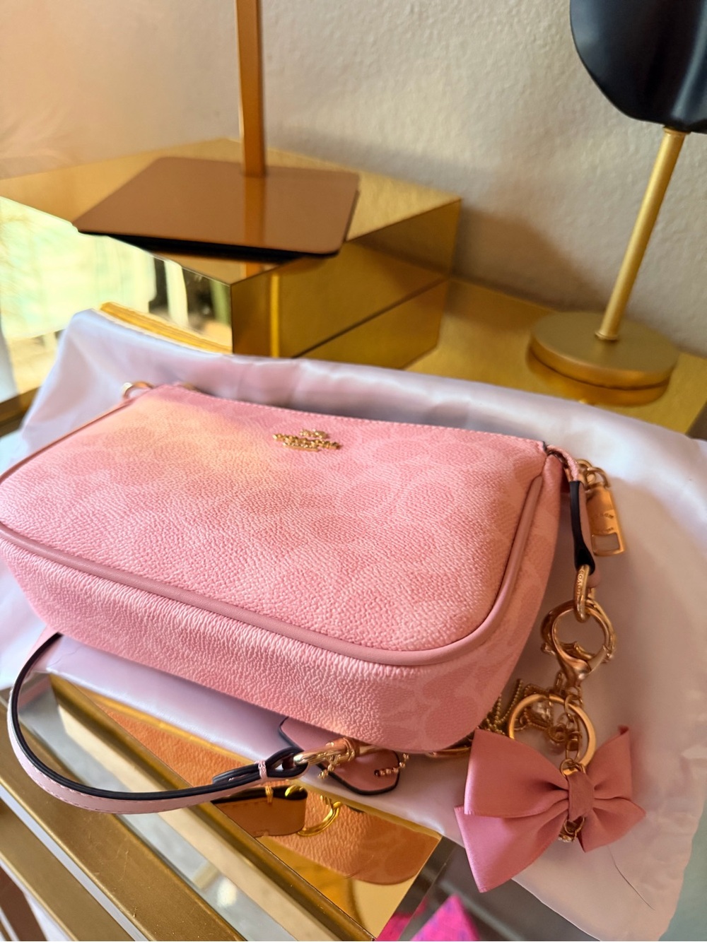 🌟 Coach Pink Signature Nolita 19C Bag with Bow Charm Accessory - Picture 15 of 17